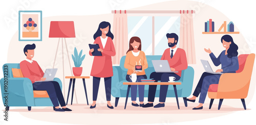 Diverse team collaborating and working on laptops in a cozy living room