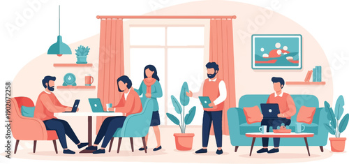 Diverse team collaborating and working remotely in a stylish office setting