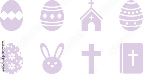 A collection of various purple Easter themed icons including eggs, a church, a rabbit, and a cross