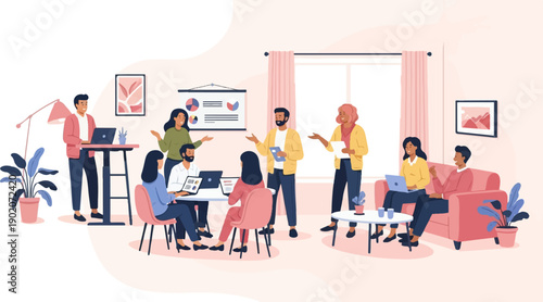 Diverse group collaborates on project in modern, brightly lit office space