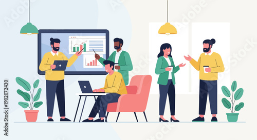 Diverse team collaborating in a modern office space, analyzing charts on a screen