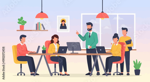 Diverse team collaborating in an office with a sky view at sunset