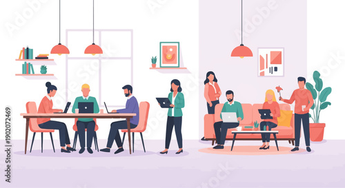 Diverse group collaborates in a modern, well-lit office space with soft furnishings and plants