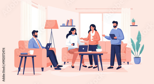 Diverse team collaborating indoors on laptops and discussions