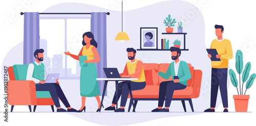 Diverse team collaborating in a modern, sunlit office space with plants