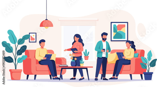 Diverse team collaborating on a couch with laptops and coffee