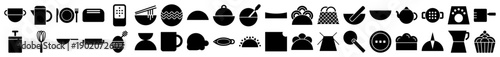 Kitchenware and cooking icons in a minimalist black filled glyph style for culinary apps.