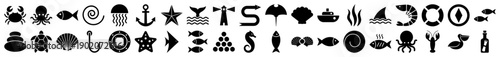 Ocean and marine life icons in a black silhouette style for nautical design and web interfaces.
