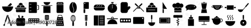 Kitchen and cooking icons in a minimalist black filled style for culinary web and app design