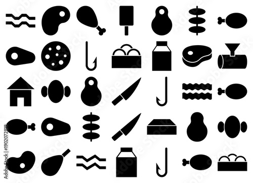 Meat and butchery icons in a black solid glyph style featuring various cuts of beef chicken and bacon