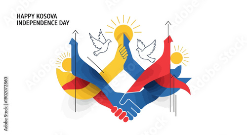 Illustration of hands shaking with flags of Kosovo on Independence Day, featuring doves and sun rays, with a logo and text in the corner.