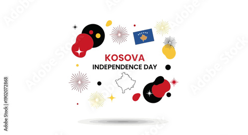 A graphic illustration celebrating Kosovo Independence Day with a flag, logo, and icon on a white background with colorful designs.