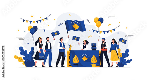 Illustration of people celebrating Kosovo Independence Day with flags and balloons in a festive scene.