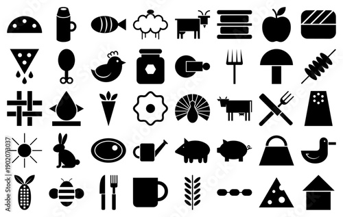 Food and farming icons in a minimalist black silhouette style for agricultural and culinary design.