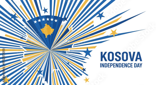 Vector illustration of a Kosovo Independence Day logo with blue and yellow rays and stars on a white background, symbolizing freedom and celebration.