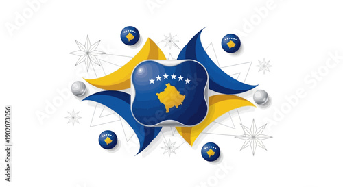 Vector illustration of a Kosovo Independence Day logo with a blue, yellow, and white color scheme, featuring the country's outline and flag elements on a white background with starbursts.