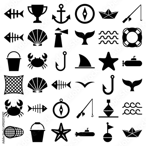 Nautical and fishing icons featuring marine life and maritime equipment in a black silhouette style