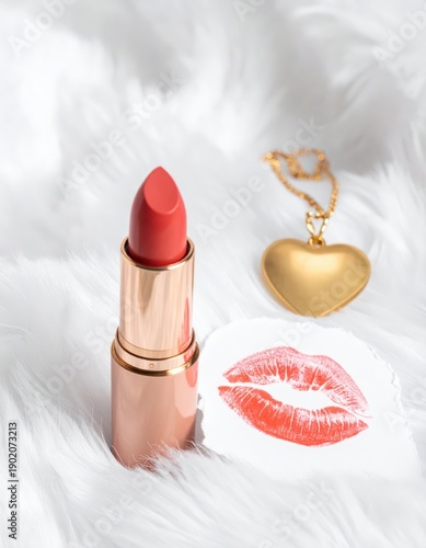 A coral lipstick, gold heart necklace, and red kiss imprint on a white fluffy background.