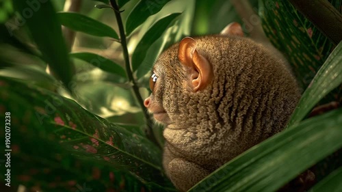 Adorable tarsier peeking through lush green tropical leaves in forest