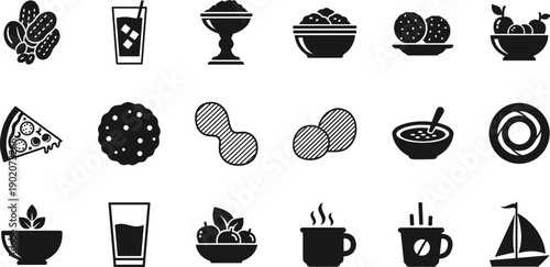 Food and Drink Icon Set with Snacks, Beverages, Fruits and Meals in Minimal Black Glyph Vector Style