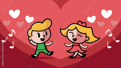 Cute cartoon boy and girl dancing together happily on valentine's day with hearts and music notes
