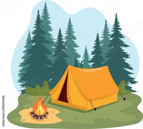 A bright vector background with silhouettes of a fir forest, a tent and a bonfire is an ideal element for tourist posters, banners of eco—events or children's posters.