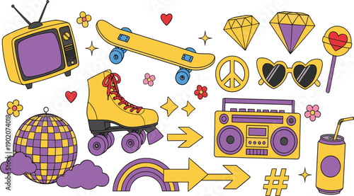 Retro pop culture vector set with vintage television boombox roller skate and disco ball in purple and yellow for 90s stickers or funky apparel design