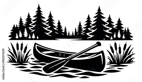 Silhouetted illustration of a canoe with a paddle depicting a tranquil lake and forest scene for outdoor adventure concepts