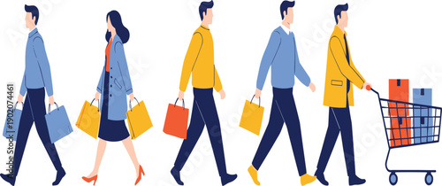 Modern shopping vector set with flat minimalist people carrying bags and pushing retail carts for e-commerce websites or marketing banners
