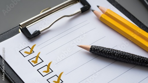 Checklist on clipboard with gold checkmarks and pencils on office desk