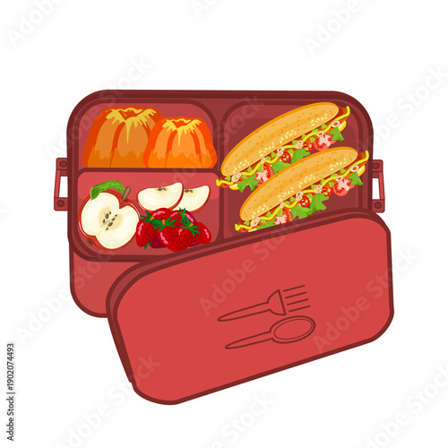 Red lunch box with sandwiches, fruits and cake on white background.Open segmented lunch box, bento style, filled with meal.Container holds two vegetable sandwiches, apple,strawberries and cake.Vector