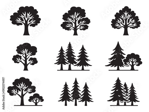 Peaceful countryside tree silhouettes collection