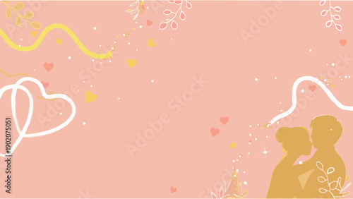 Romantic abstract illustration of loving couple silhouettes with flowing heart on pastel pink background with confetti and decorations
