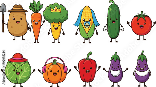 Kawaii vegetable vector character set featuring potato with shovel broccoli with crown and pumpkin with headphones for kids healthy eating posters