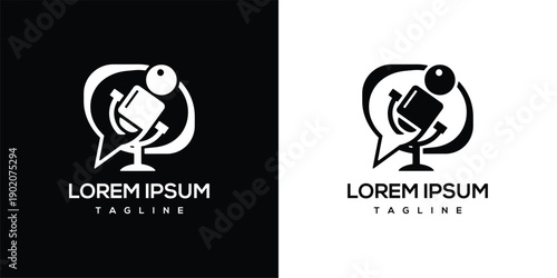 Podcast Microphone Logo with Speech Bubble - Audio Recording Icon.