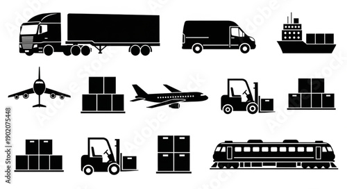 Collection of transportation and logistics icons in silhouette.