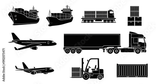 Collection of transportation and logistics icons including ships trucks planes and containers.