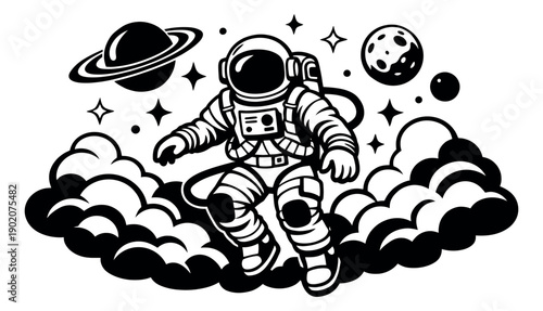 Graphic line art illustration of an astronaut depicting exploring space surrounded by planets, stars, and cosmic clouds for space themed projects