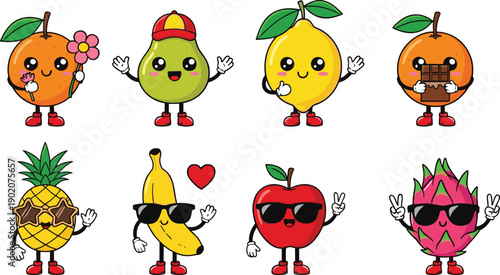 Kawaii fruit vector character set with cool pineapple banana apple and dragon fruit wearing sunglasses for summer stickers or kids’ healthy eating ads