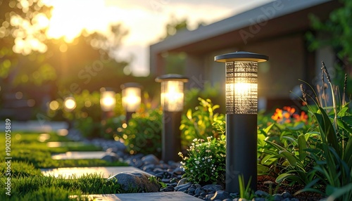 Outdoor Solar Powered Garden Lights at Sunset.