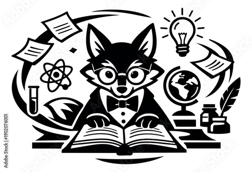 Line art illustration of an intelligent fox depicting reading a book surrounded by academic elements for education and learning