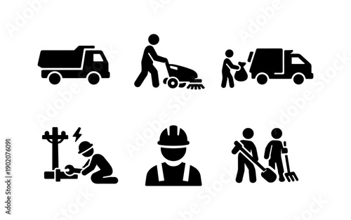 Set of icons representing various essential services and manual labor professions