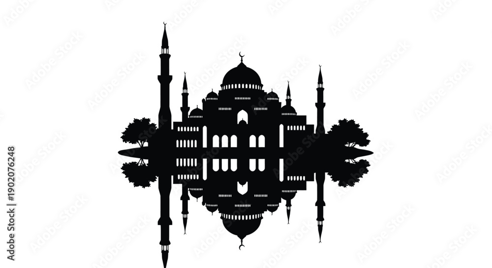 Fototapeta premium Taj Mahal silhouette with reflection in water, serene and majestic, black and white illustration