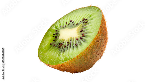 Foto Fresh kiwi cut in half showing green flesh and tiny black seeds on a white background  on transparent background