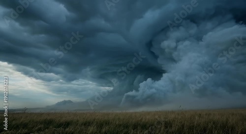 Dramatic nature landscape with storm clouds over an open field as a blizzard and strong wind begin. Powerful weather and atmospheric scene.