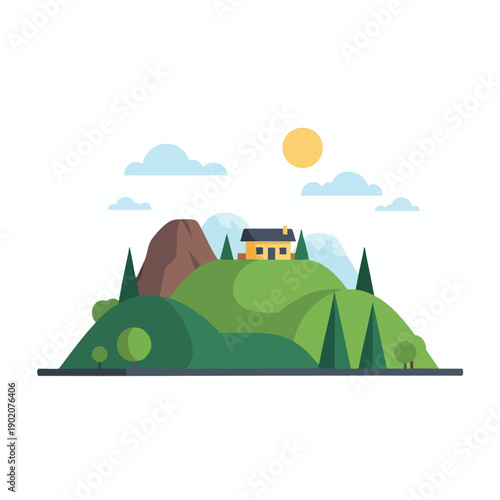 Serene Countryside Landscape with House and Rolling Hills