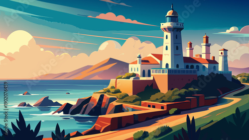 Very beautiful Cap Spartel lighthouse near Tangier, overlooking the meeting point of ocean and sea, symbolizing navigation, history, and Morocco’s dramatic coastal scenery.