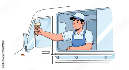 Ice Cream Vendor Offering Ice Cream from Truck Flat Vector Illustration on White Background