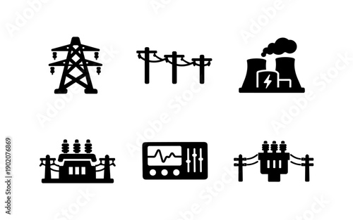 Collection of electrical power industry icons including power lines, factory, and substation