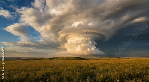 Dramatic nature landscape with storm clouds over an open field as a blizzard and strong wind begin. Powerful weather and atmospheric scene.